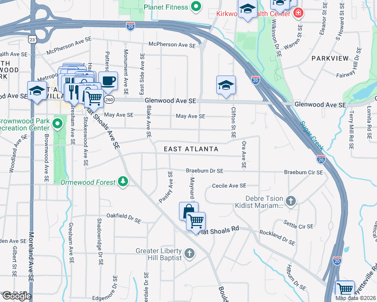 map of restaurants, bars, coffee shops, grocery stores, and more near 1584 Van Vleck Avenue Southeast in Atlanta