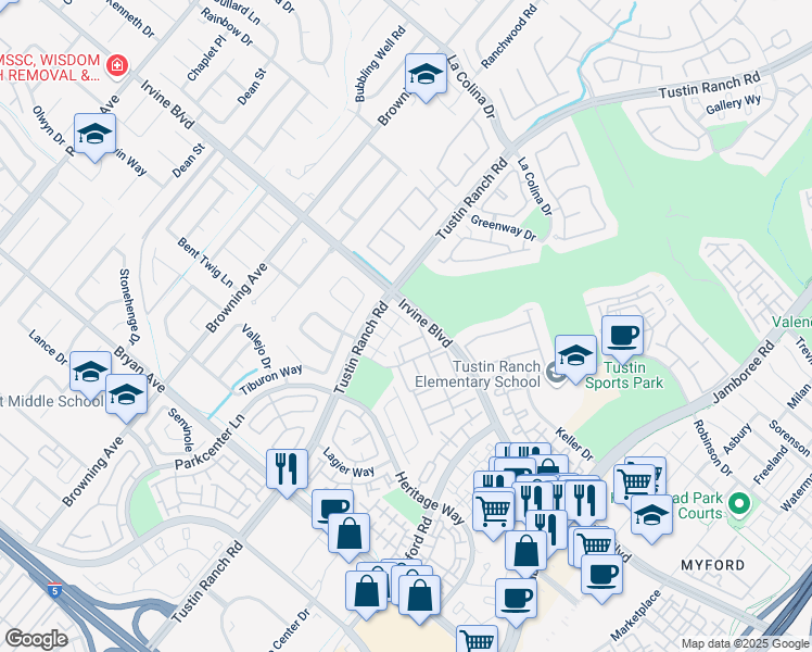 map of restaurants, bars, coffee shops, grocery stores, and more near 13044 Arborwalk Lane in Tustin