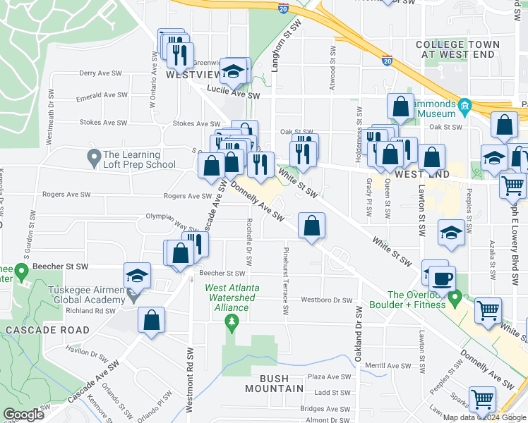 map of restaurants, bars, coffee shops, grocery stores, and more near 1380 Donnelly Avenue Southwest in Atlanta