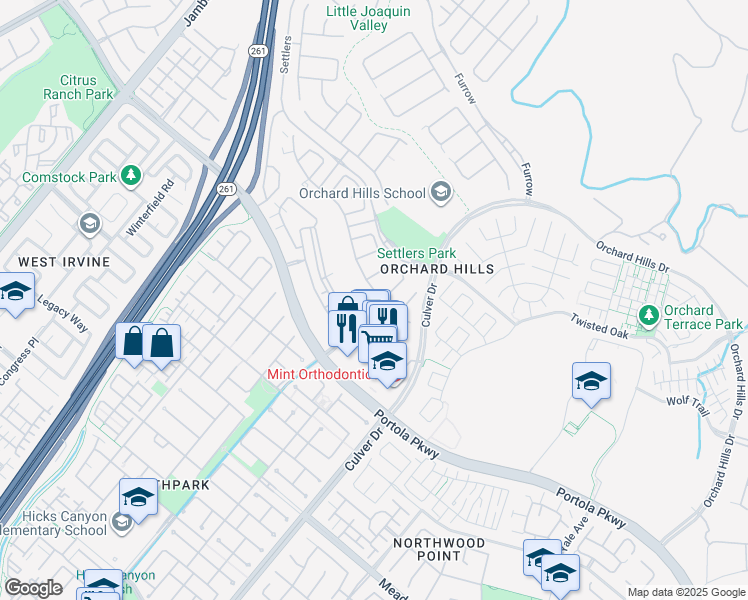 map of restaurants, bars, coffee shops, grocery stores, and more near 121 Sunset Cove in Irvine