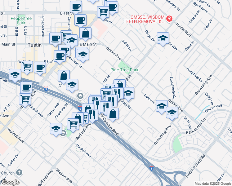 map of restaurants, bars, coffee shops, grocery stores, and more near in Tustin