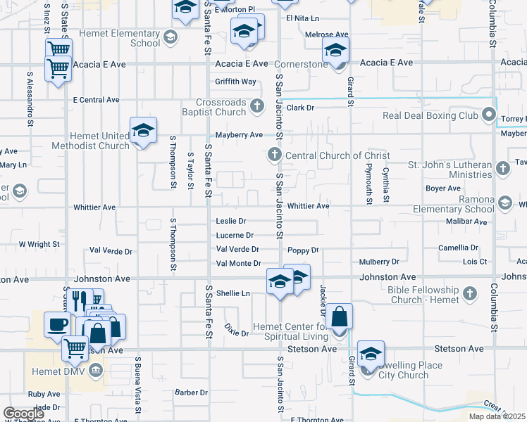 map of restaurants, bars, coffee shops, grocery stores, and more near 1201 East Whittier Avenue in Hemet