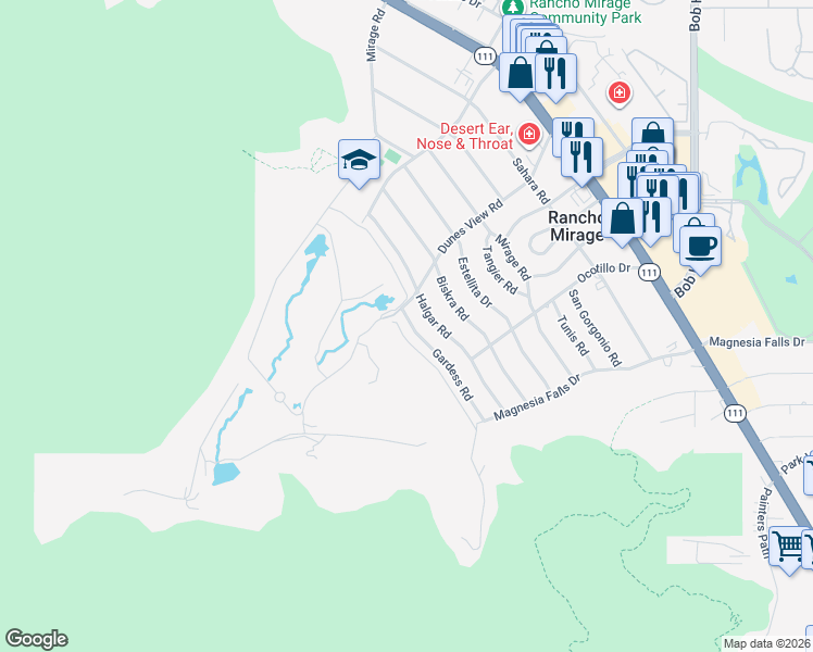 map of restaurants, bars, coffee shops, grocery stores, and more near 71371 Dunes View Road in Rancho Mirage