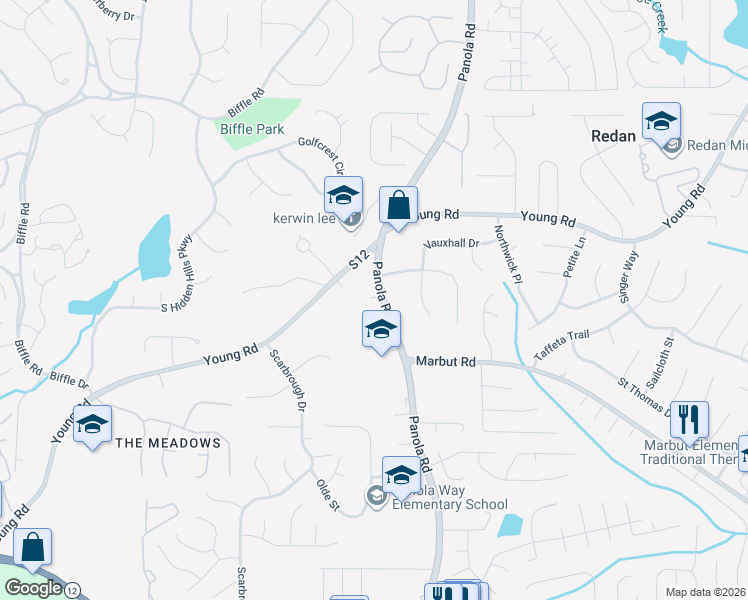 map of restaurants, bars, coffee shops, grocery stores, and more near 1863 Panola Road in Lithonia