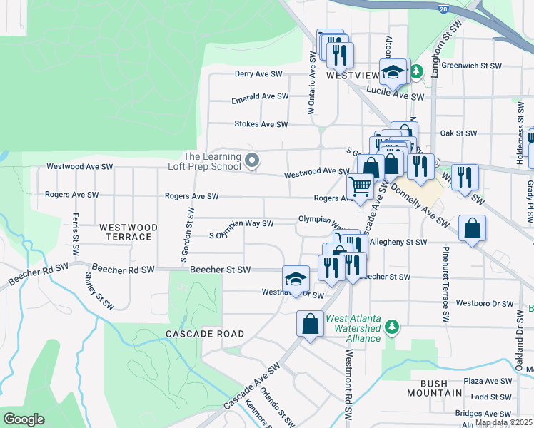 map of restaurants, bars, coffee shops, grocery stores, and more near 1669 Olympian Way Southwest in Atlanta