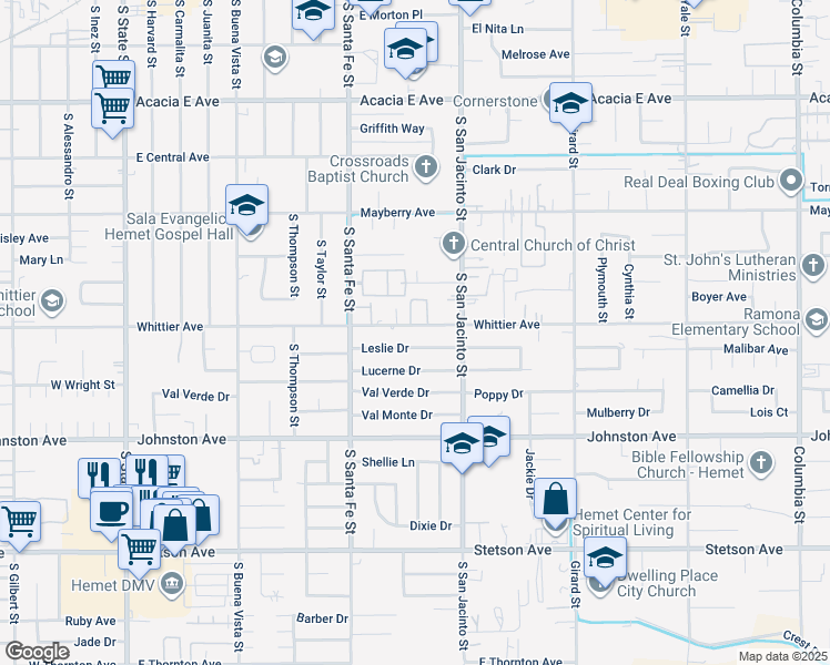 map of restaurants, bars, coffee shops, grocery stores, and more near 1061 East Whittier Avenue in Hemet