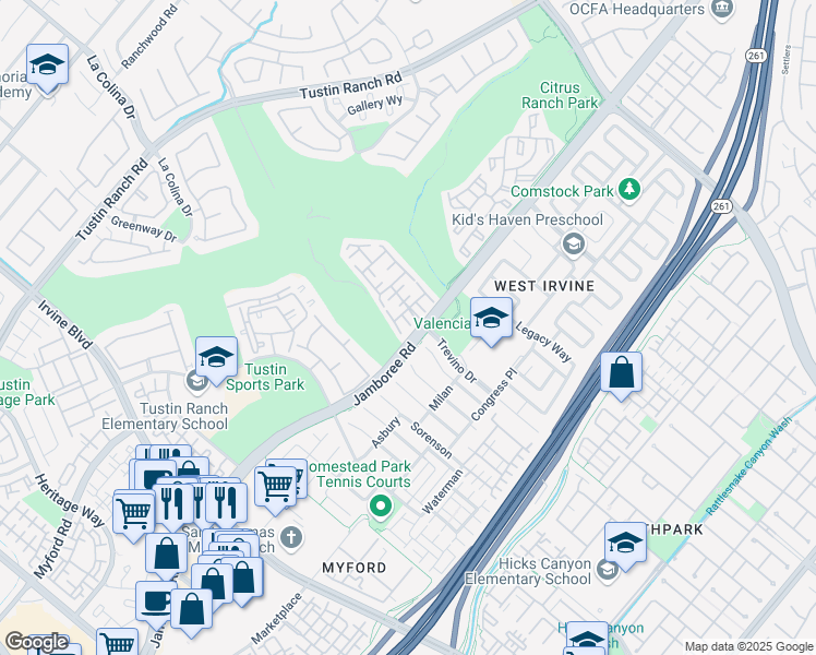 map of restaurants, bars, coffee shops, grocery stores, and more near 3033 Zimmerman Place in Tustin