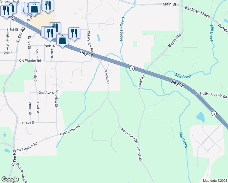 map of restaurants, bars, coffee shops, grocery stores, and more near 335 Rouse Road in Sumiton