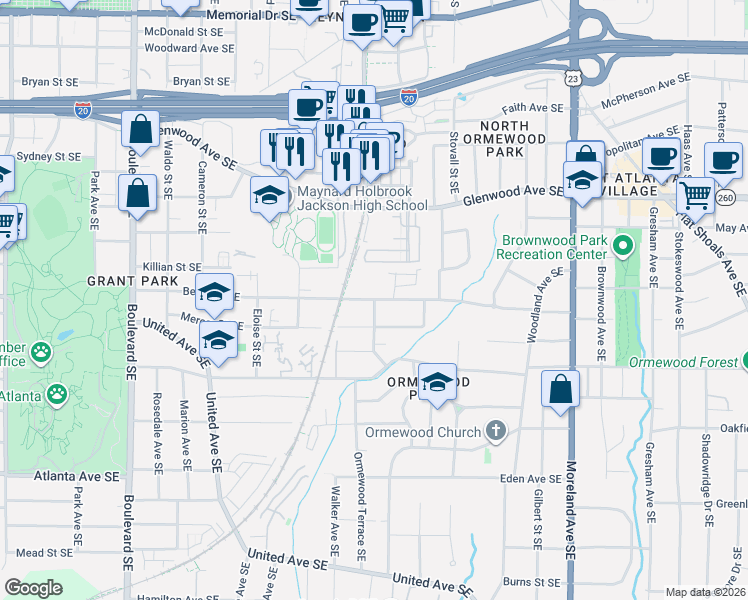 map of restaurants, bars, coffee shops, grocery stores, and more near Berne Street Southeast & Vernon Avenue Southeast in Atlanta