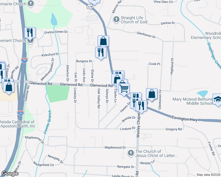 map of restaurants, bars, coffee shops, grocery stores, and more near 4893 Glenwood Road in Decatur