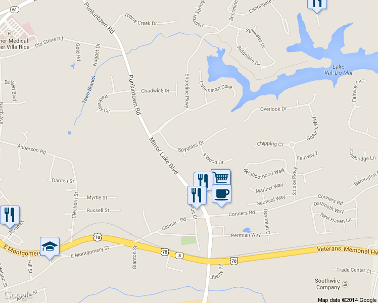 map of restaurants, bars, coffee shops, grocery stores, and more near 2520 Gold Hill Ct in Villa Rica