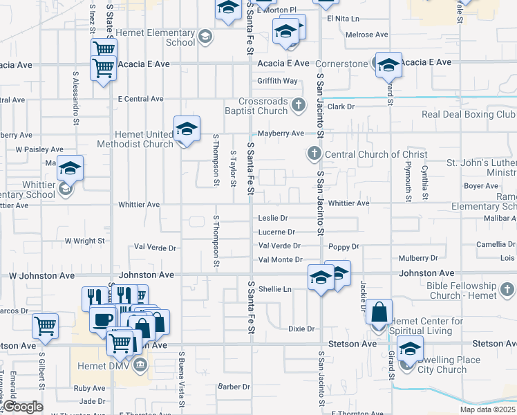 map of restaurants, bars, coffee shops, grocery stores, and more near 921 East Whittier Avenue in Hemet