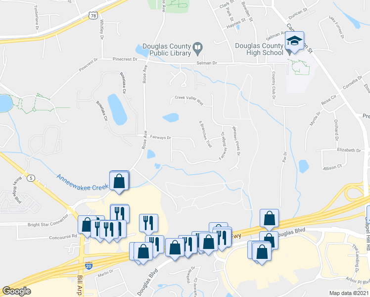 map of restaurants, bars, coffee shops, grocery stores, and more near 6841 Fairway Ridge Drive in Douglasville
