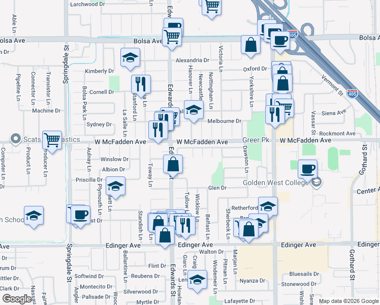 map of restaurants, bars, coffee shops, grocery stores, and more near 15551 Wild Cherry Circle in Huntington Beach