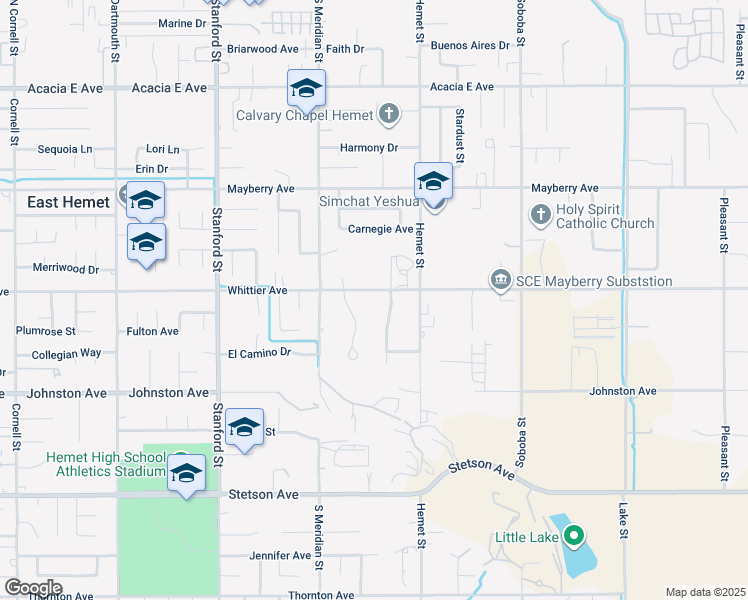 map of restaurants, bars, coffee shops, grocery stores, and more near 42111 East Whittier Avenue in Hemet