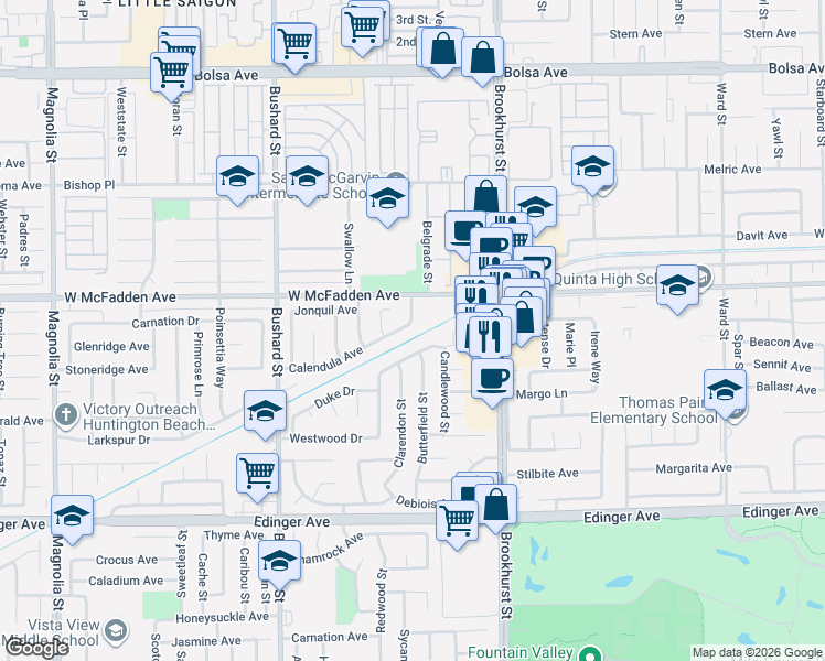 map of restaurants, bars, coffee shops, grocery stores, and more near 9810 Calendula Avenue in Westminster