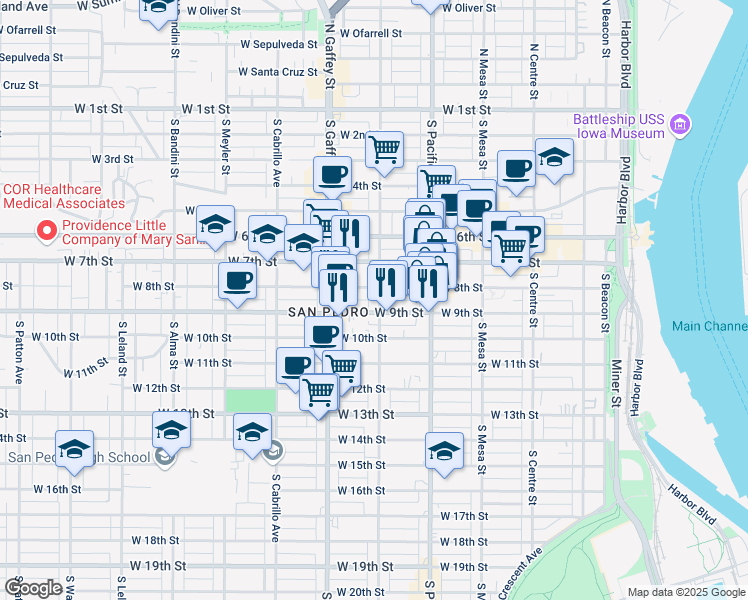 map of restaurants, bars, coffee shops, grocery stores, and more near 815 South Grand Avenue in San Pedro