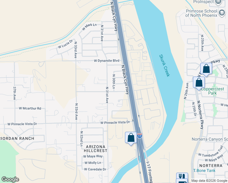 map of restaurants, bars, coffee shops, grocery stores, and more near 3031 West Oberlin Way in Phoenix