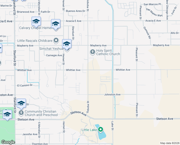 map of restaurants, bars, coffee shops, grocery stores, and more near 26528 Soboba Street in Hemet