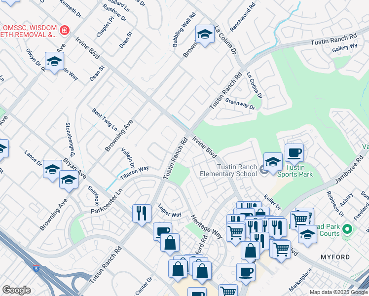 map of restaurants, bars, coffee shops, grocery stores, and more near 13071 Arborwalk Lane in Tustin