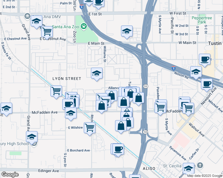 map of restaurants, bars, coffee shops, grocery stores, and more near 16546 Alliance Avenue in Tustin