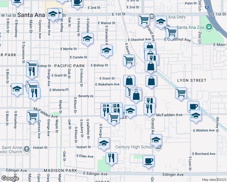 map of restaurants, bars, coffee shops, grocery stores, and more near 925 South Standard Avenue in Santa Ana