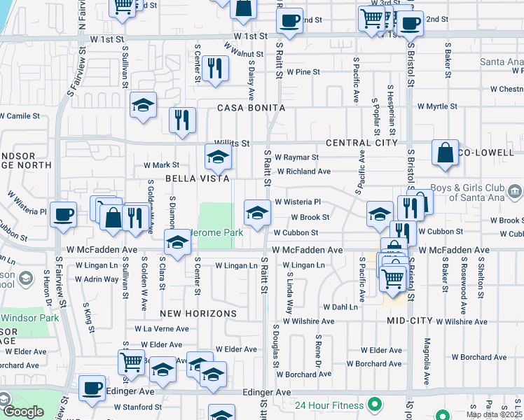 map of restaurants, bars, coffee shops, grocery stores, and more near 810 South Raitt Street in Santa Ana