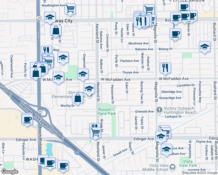 map of restaurants, bars, coffee shops, grocery stores, and more near 8571 Edgemont Circle in Westminster