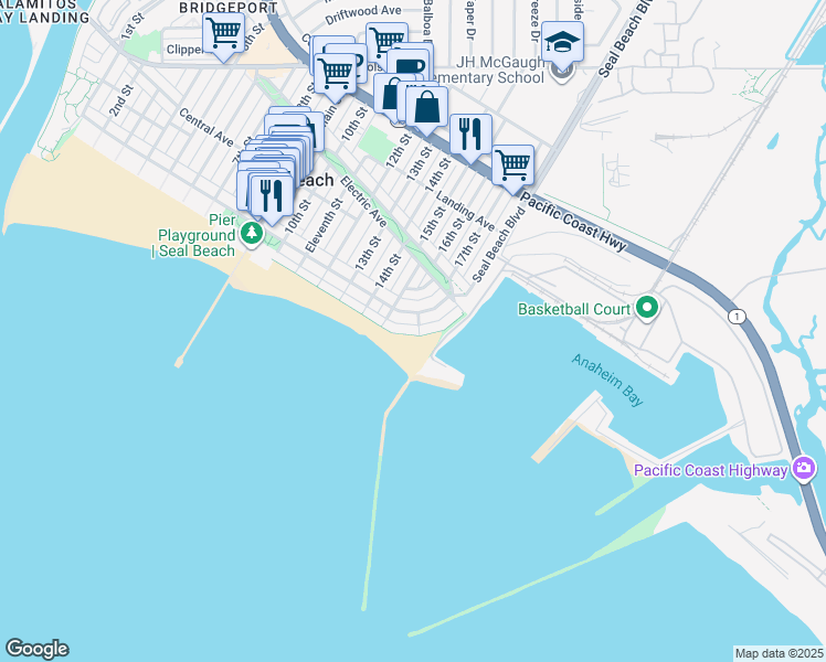 map of restaurants, bars, coffee shops, grocery stores, and more near 1603 East Seal Way in Seal Beach
