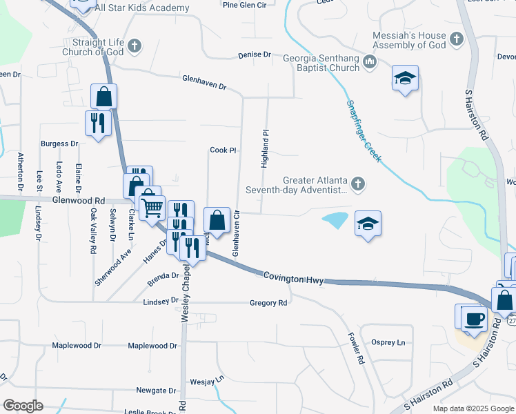 map of restaurants, bars, coffee shops, grocery stores, and more near 4402 Highland Road in Decatur