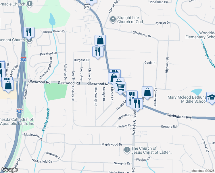 map of restaurants, bars, coffee shops, grocery stores, and more near 4893 Glenwood Road in Decatur