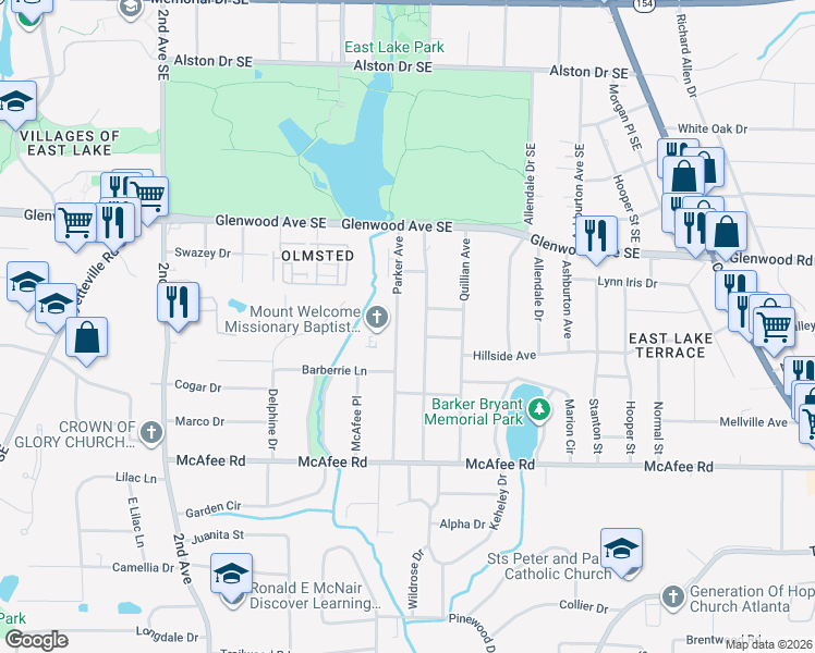 map of restaurants, bars, coffee shops, grocery stores, and more near 578 Parker Avenue in Decatur