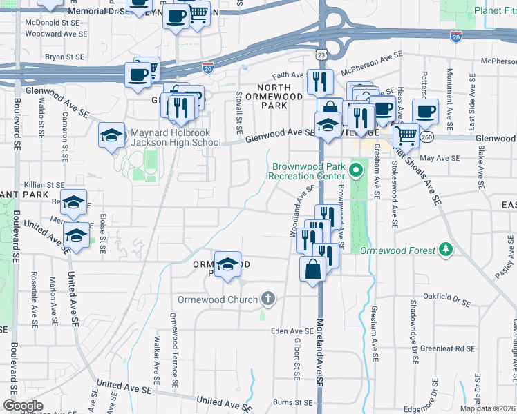 map of restaurants, bars, coffee shops, grocery stores, and more near 1046 Berne Street Southeast in Atlanta