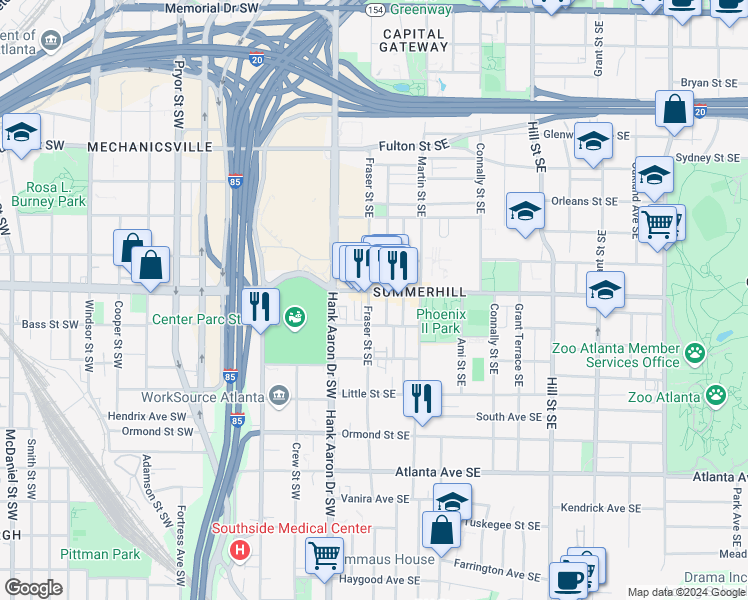map of restaurants, bars, coffee shops, grocery stores, and more near 73 Georgia Avenue Southeast in Atlanta