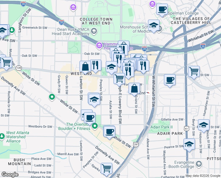 map of restaurants, bars, coffee shops, grocery stores, and more near 678 Gordon Place Southwest in Atlanta