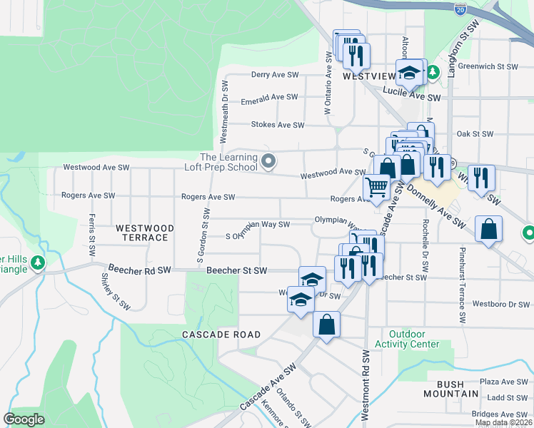 map of restaurants, bars, coffee shops, grocery stores, and more near 1719 North Olympian Way Southwest in Atlanta