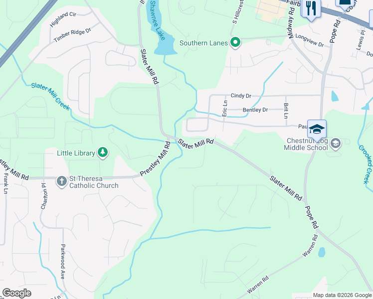 map of restaurants, bars, coffee shops, grocery stores, and more near 2505 Slater Mill Road in Douglasville