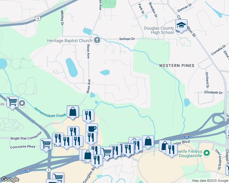 map of restaurants, bars, coffee shops, grocery stores, and more near 6841 Fairway Ridge Drive in Douglasville