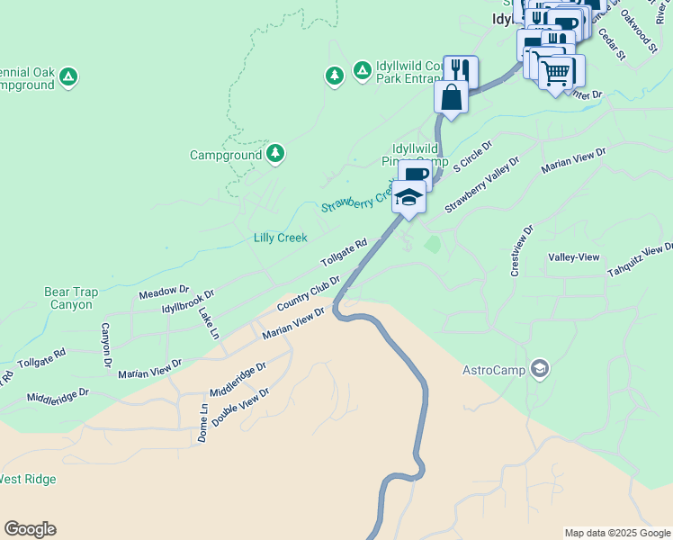 map of restaurants, bars, coffee shops, grocery stores, and more near 53762 Country Club Drive in Idyllwild-Pine Cove