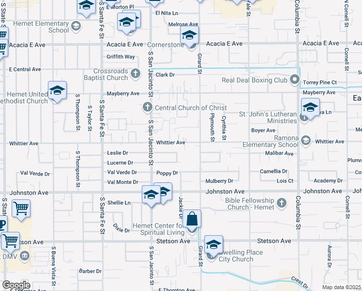 map of restaurants, bars, coffee shops, grocery stores, and more near 1541 East Whittier Avenue in Hemet