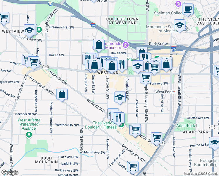 map of restaurants, bars, coffee shops, grocery stores, and more near 680 Lawton Street Southwest in Atlanta