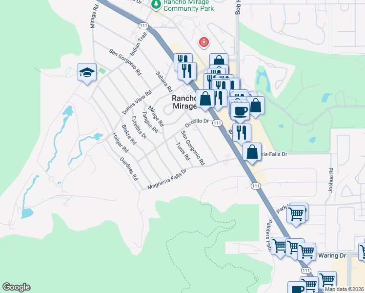 map of restaurants, bars, coffee shops, grocery stores, and more near 71718 Tunis Road in Rancho Mirage
