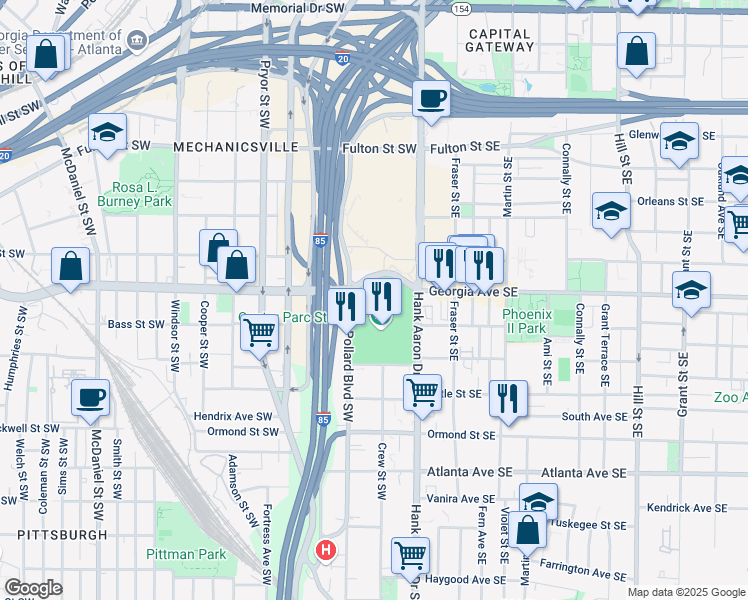 map of restaurants, bars, coffee shops, grocery stores, and more near 755 Hank Aaron Drive Southwest in Atlanta