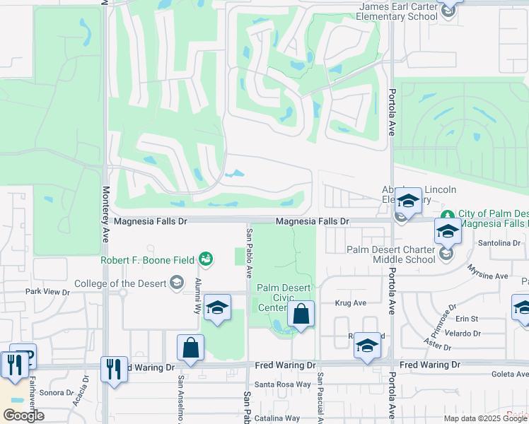 map of restaurants, bars, coffee shops, grocery stores, and more near 280 Castellana South in Palm Desert