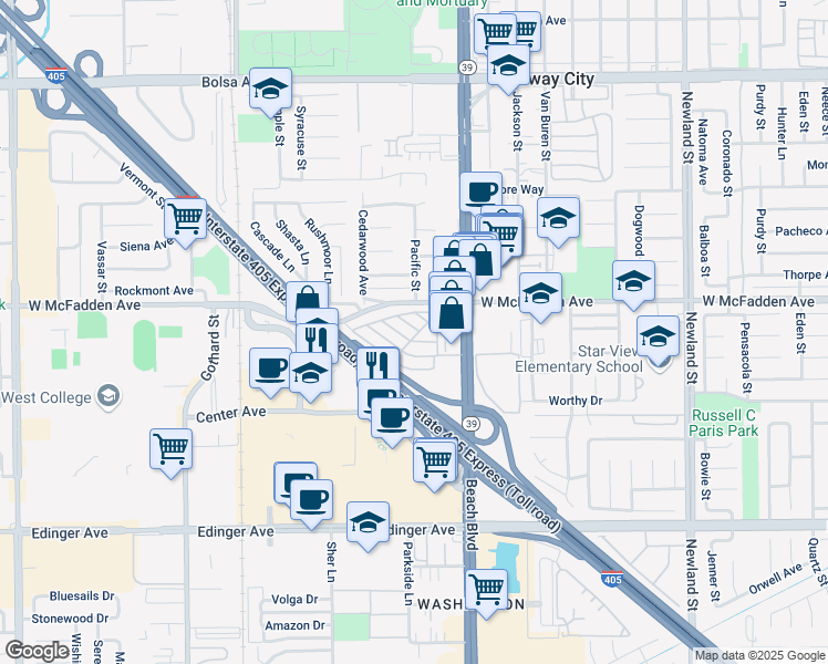 map of restaurants, bars, coffee shops, grocery stores, and more near 156 Cottonwood Lane in Midway City