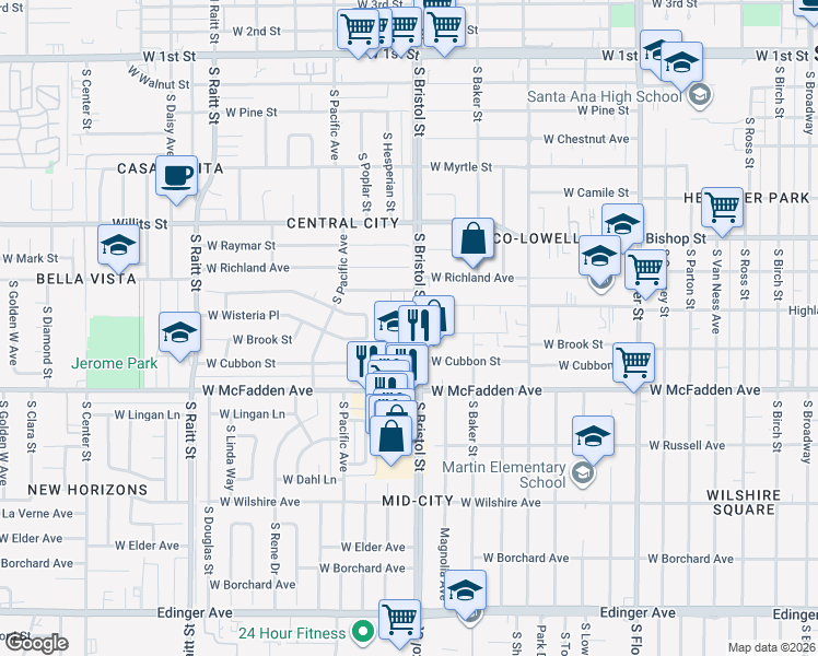 map of restaurants, bars, coffee shops, grocery stores, and more near 863 South Bristol Street in Santa Ana