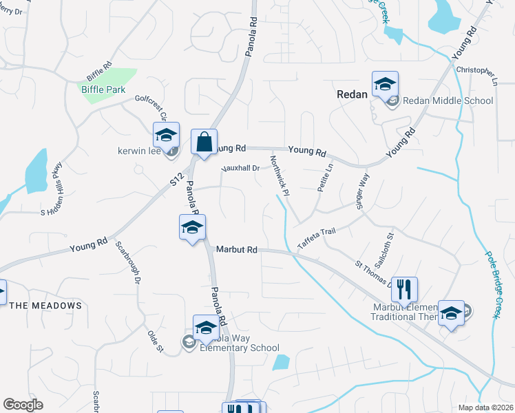 map of restaurants, bars, coffee shops, grocery stores, and more near 1845 Hadrian Way in Lithonia