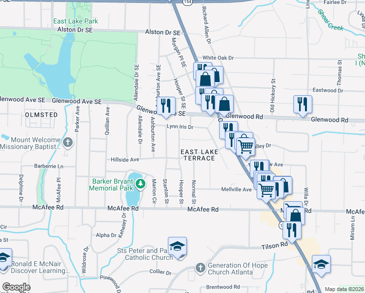 map of restaurants, bars, coffee shops, grocery stores, and more near 1880 Hooper Street in Decatur
