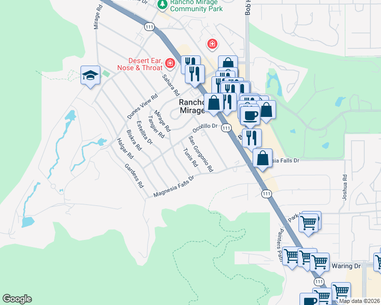 map of restaurants, bars, coffee shops, grocery stores, and more near 71718 Tunis Road in Rancho Mirage
