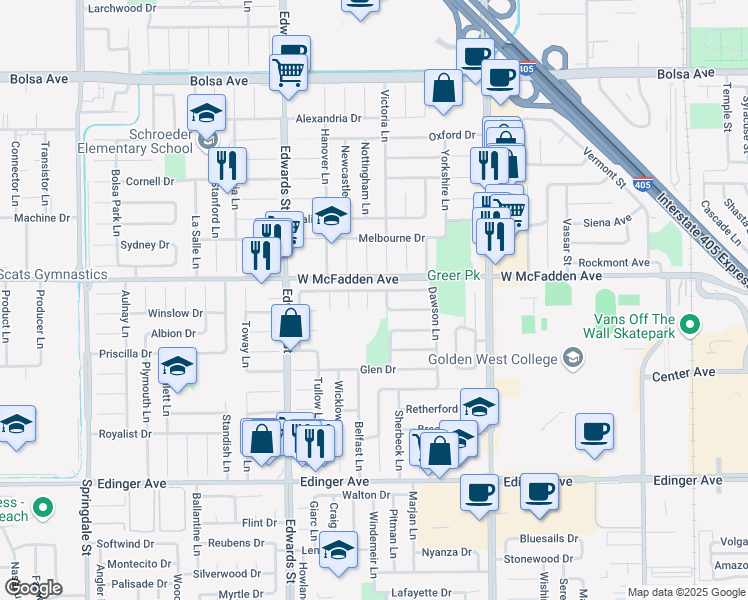 map of restaurants, bars, coffee shops, grocery stores, and more near 15552 Placid Circle in Huntington Beach